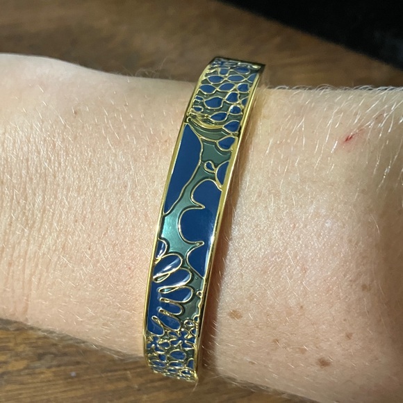 J. Crew Gold Tone and Blue and Green Floral Enamel Bangle Hinge Bracelet - Picture 2 of 5